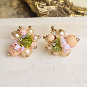 VENDOME Vintage Cluster Pink And Green Clip On Earrings.